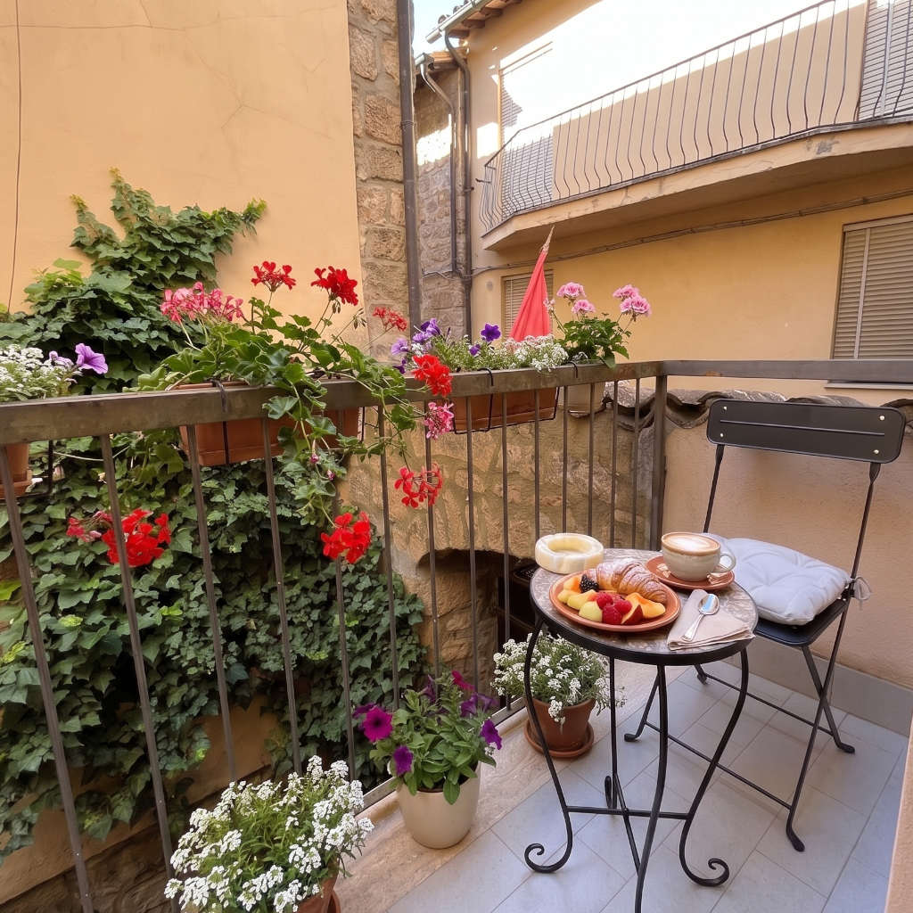 Terrazza fiorita con colazione a Vicolo in Fiore House Orvieto